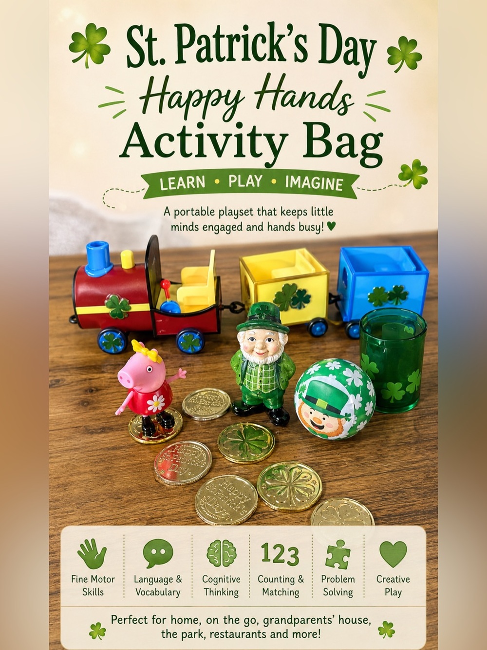 St Patrick’s Day Leprechaun and Peppa Pig Train with Gold Coins and sham…